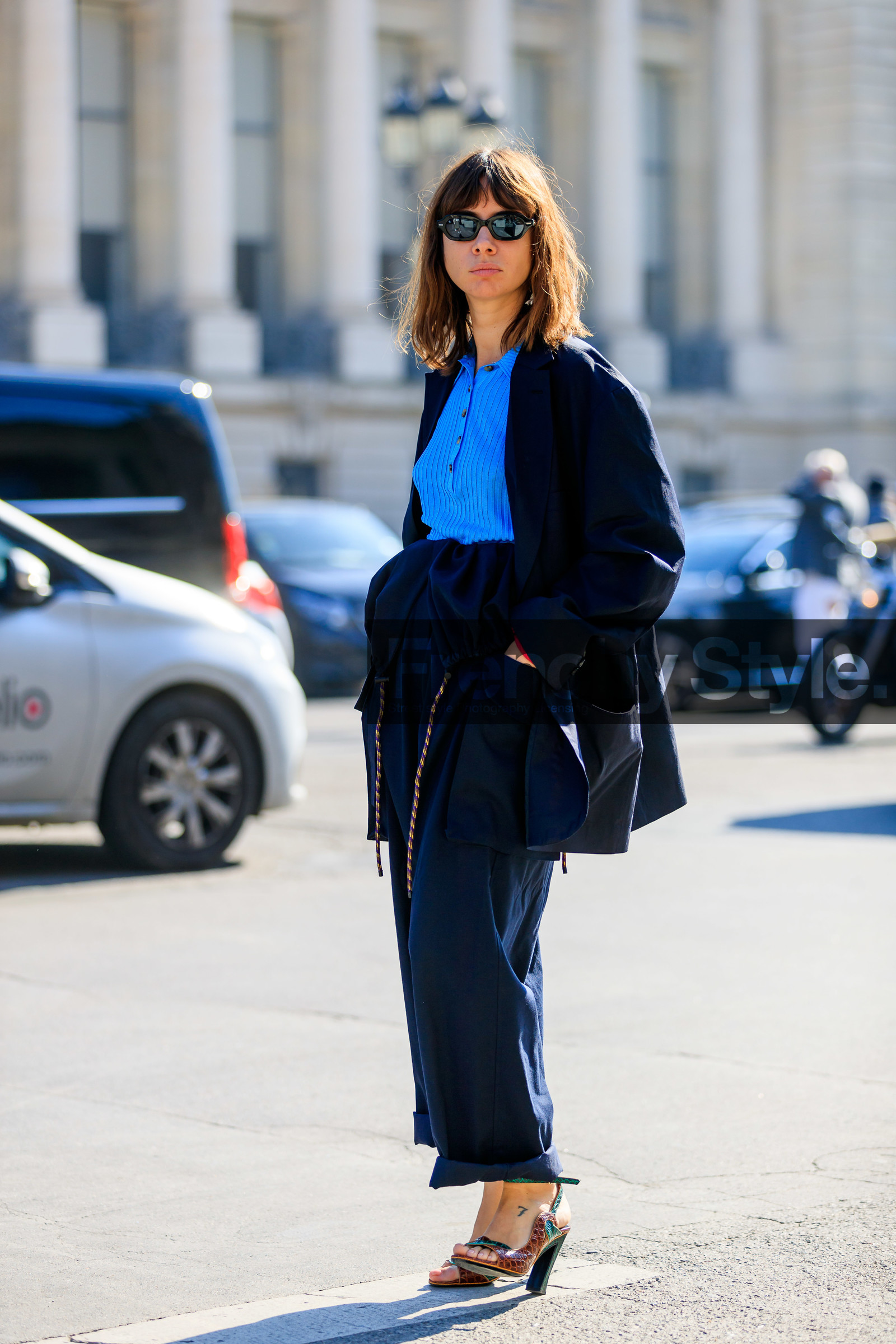 blue sweater, brown shoes, high heels, leather shoes, natasha goldenberg, navy jacket, navy pants, sunglasses, trousers, PARIS, PFW, street style, jonathan paciullo, FW, frenchystyle, fashion week, AUTUMN WINTER 2019-2020, AW 19-20, FALL WINTER 2019-2020, FW 19-20, vertical, full length