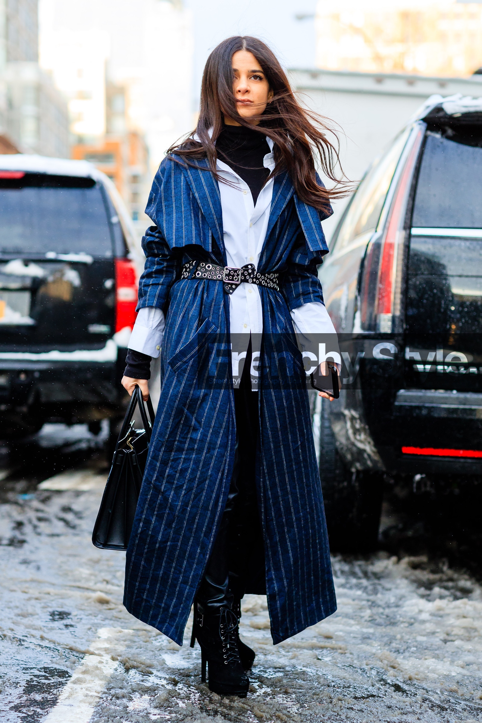 AUTUMN WINTER 2017-2018, AW 17-18, black bag, black belt, black boots, black pants, black turtleneck, blue jacket, FALL WINTER 2017-2018, fashion week, frenchystyle, full length, FW, FW 17-18, graphic coat, graphic jacket, high heels, iphone, jonathan paciullo, Lainy Hedaya, leather bag, leather belt, leather boots, leather pants, navy coat, navy jacket, NEW YORK, NYFW, street style, striped coat, striped jacket, studs, trousers, vertical