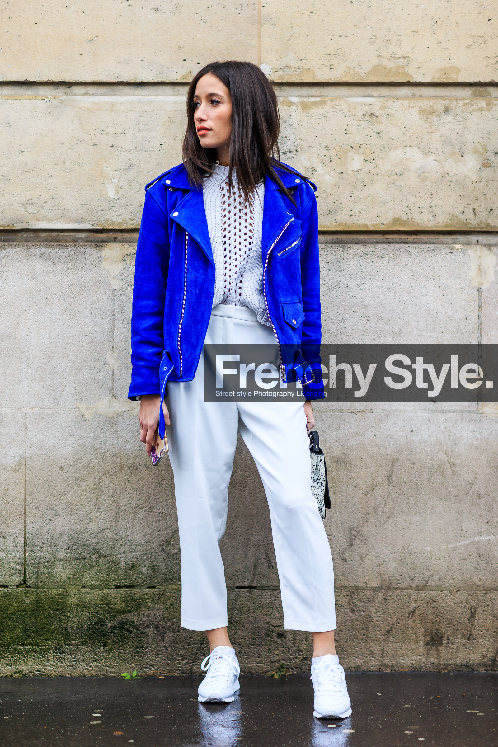 AUTUMN WINTER 2016-2017, AW 16-17, blue jacket, FALL WINTER 2016-2017, fashion week, fishnet, frenchystyle, full length, FW, FW 16-17, jonathan paciullo, leather perfecto, leather sneakers, openwork, PARIS, PFW, street style, trousers, vertical, white knit, white pants, white sneakers, white sweater, white top