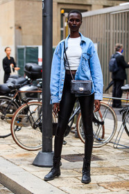 denim, denim jacket, light blue jacket, white top, cropped top, black leather bag, black leather pants, black leather boots, animal skin bag, crossbody bag, polish bag, laced boots, flat boots, legging pants, street style, jonathan paciullo, FW, frenchystyle, fashion week, MFW, MILAN, SPRING SUMMER 2021, SS 21, vertical, full length, model