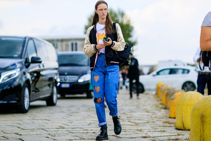 atmosphere details, black boots, black jacket, blue denim, bomber jacket, denim pants, dr martens, fashion week, frenchystyle, full length, FW, horizontal, jeans, jonathan paciullo, laser cut, leather shoes, liza ostanina, MFW, MILAN, model, printed t shirt, SPRING SUMMER 2017, SS 17, street style, trousers, white t shirt