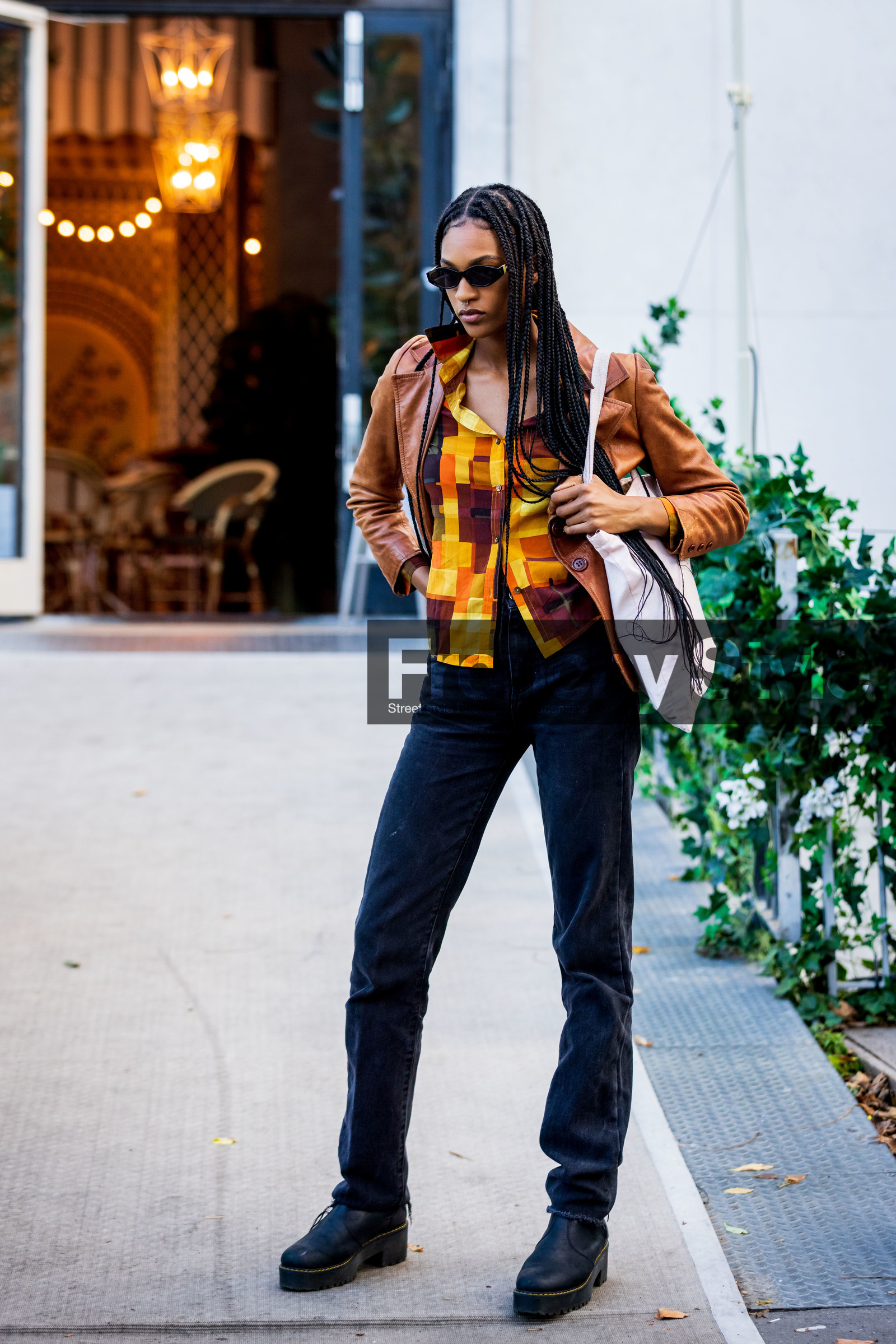 black boots, black denim, black jean, black sunglasses, boots, braid, brown jacket, camel jacket, check, checked shirt, color, denim, jacket, jean, leather boots, leather jacket, print, printed shirt, straigh jean, sunglasses, tote bag, yellow shirt, fashion week, frenchystyle, FW, jonathan paciullo, street style, PFW, PARIS, SPRING SUMMER 2022, SS 22, vertical, full length, model