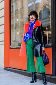 AUTUMN WINTER 2017-2018, AW 17-18, black coat, black jacket, black shoes, blue shirt, corduroy, earrings, FALL WINTER 2017-2018, fashion week, frenchystyle, full length, fur collar, FW, FW 17-18, green pants, high heels, jonathan paciullo, leather bag, leather coat, leather shoes, PARIS, PFW, purple bag, purple sweater, red fur, street style, trousers, tucked in, velvet, vertical