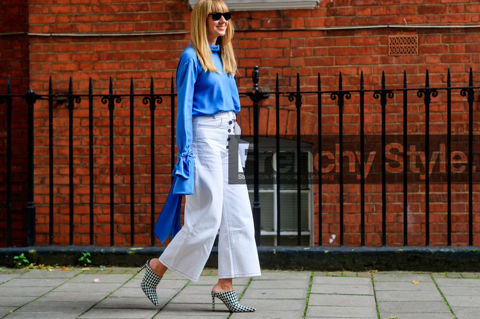 atmosphere details, black and white shoes, black bag, blue shirt, christina paik, denim pants, detail, fashion week, frenchystyle, FW, gingham, graphic shoes, high heels, high waist, horizontal, jeans, jonathan paciullo, leather bag, leather shoes, LFW, lisa aiken, LONDON, printed shoes, SPRING SUMMER 2018, SS 18, street style, trousers, white denim