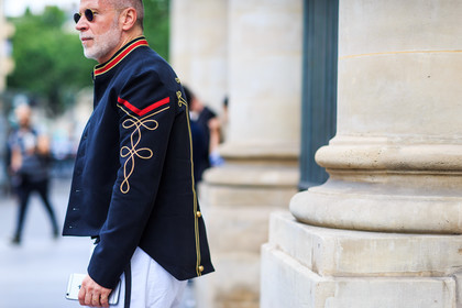 atmosphere details, detail, embroidered jacket, fashion week, frenchystyle, FW, horizontal, jonathan paciullo, MENSWEAR, navy jacket, nick wooster, PARIS, PFW, SPRING SUMMER 2017, SS 17, street style, sunglasses, trousers, white pants