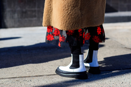 beige jacket, black skirt, camel coat, céline, embroidered skirt, floral, flowers, Fur coat, graphic skirt, leather shoes, printed skirt, shearling, white boots, street style, jonathan paciullo, FW, frenchystyle, fashion week, NYFW, NEW YORK, AUTUMN WINTER 2018-2019, AW 18-19, FALL WINTER 2018-2019, FW 18-19, atmosphere details, horizontal, detail, Lucy Chadwick