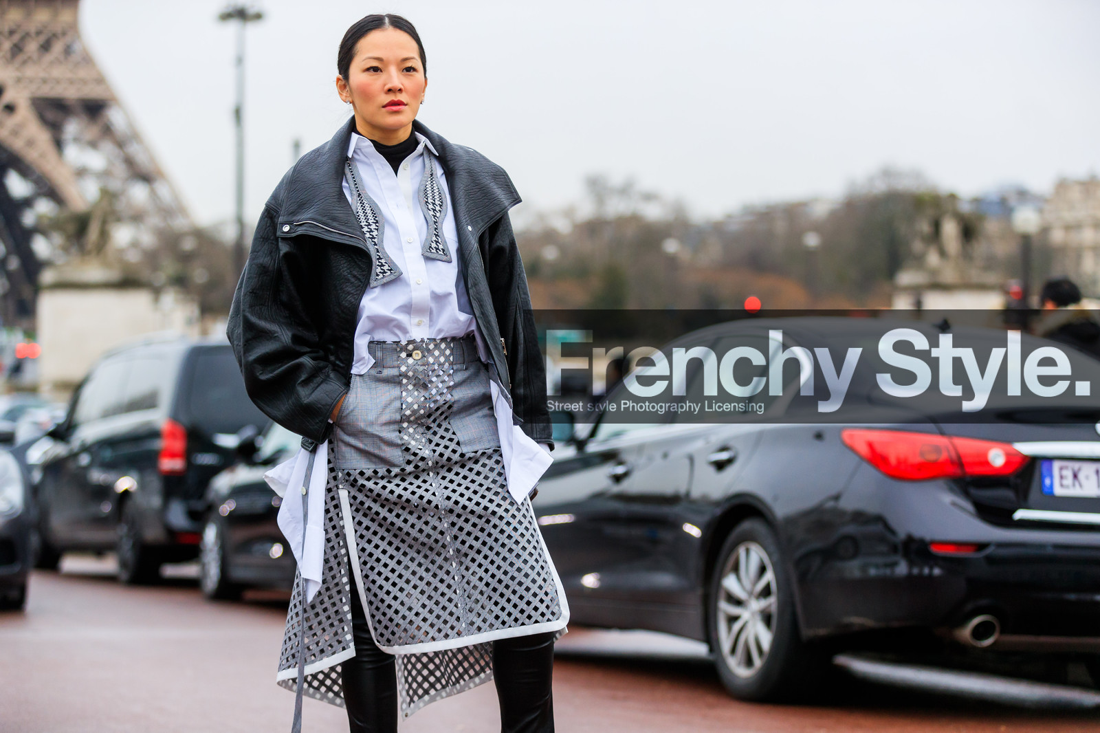 atmosphere details, AUTUMN WINTER 2017-2018, AW 17-18, black jacket, black pants, black perfecto, bow tie, checked skirt, detail, FALL WINTER 2017-2018, fashion week, frenchystyle, FW, FW 17-18, graphic skirt, grey skirt, horizontal, jonathan paciullo, leather jacket, leather pants, leather perfecto, PARIS, PFW, street style, tina leung, trousers, tucked in, white shirt