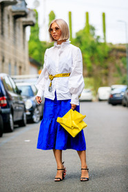 black shoes, blue skirt, high heels, leather bag, leather shoes, loewe, off white, prada, sunglasses, white shirt, yellow bag, yellow belt, fashion week, frenchystyle, FW, jonathan paciullo, street style, MFW, MILAN, SPRING SUMMER 2019, SS 19, vertical, full length