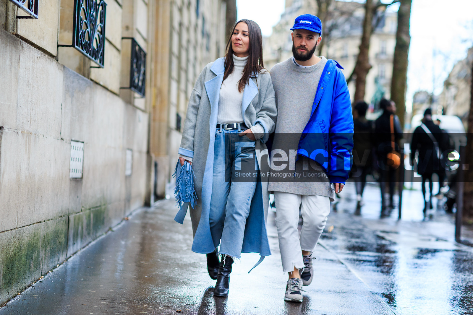 adidas, atmosphere details, AUTUMN WINTER 2016-2017, AW 16-17, black boots, blue bag, blue cap, blue denim, blue jacket, denim pants, FALL WINTER 2016-2017, fashion week, frenchystyle, fringes, full length, FW, FW 16-17, grey coat, grey heels, grey sneakers, grey sweater, high heels, horizontal, jeans, jonathan paciullo, leather boots, PARIS, PFW, reebok, roger vivier, street style, suede bag, supreme, trousers, turtleneck sweater, white denim, white knit, white sweater