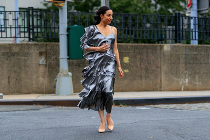 leather shoes, nude heels, ruffles, silver dress, fashion week, frenchystyle, FW, jonathan paciullo, street style, NEW YORK, NYFW, SPRING SUMMER 2020, SS 20, horizontal, atmosphere details, full length