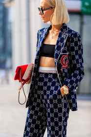 black bra, blue jacket, blue pants, graphic jacket, graphic pants, gucci, leather bag, printed jacket, printed pants, red bag, sunglasses, trousers, viktoria rader, fashion week, frenchystyle, FW, jonathan paciullo, street style, MFW, MILAN, SPRING SUMMER 2019, SS 19, vertical, atmosphere details, detail