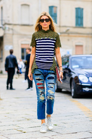 blue denim, denim pants, embroidered top, fashion week, frenchystyle, full length, FW, graphic top, jeans, jonathan paciullo, lace, lace top, leather shoes, leather sneakers, MFW, MILAN, ripped pants, sarah rutson, SPRING SUMMER 2017, SS 17, street style, striped top, stripes, sunglasses, trousers, vertical, white sneakers