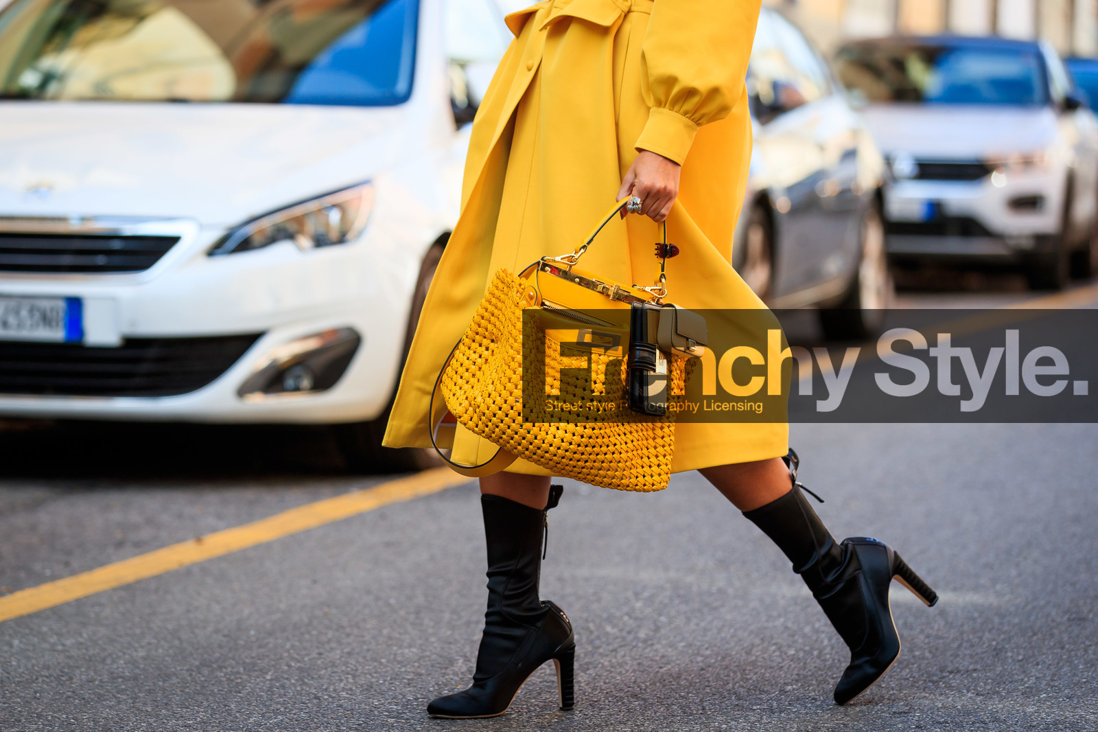 yellow dress, yellow jacket, jacket dress, long dress, belted dress, belted jacket, long sleeves dress, dress shirt, yellow bag, yellow leather bag, fendi bag, openwork bag, peekaboo bag, multi bag, hand bag, black boots, high boots, high heels boots, fendi boots, shoes detail, bag detail, fendi look, fendi dress, nina suess, fashion week, frenchystyle, FW, jonathan paciullo, street style, MFW, MILAN, SPRING SUMMER 2021, SS 21, horizontal, atmosphere details, detail