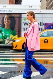 blazer, blue denim, blue pants, corduroy, denim pants, emili sindlev, jeans, leather bag, leather shoes, pink jacket, red bag, saint laurent paris, trousers, white t shirt, street style, jonathan paciullo, FW, frenchystyle, fashion week, NYFW, NEW YORK, SPRING SUMMER 2019, SS 19, vertical, full length