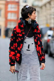 black sweater, down jacket, earrings, eva geraldine fontanelli, floral, flowers, graphic dress, graphic jacket, hood, knit dress, printed dress, printed jacket, red jacket, see through, white dress, street style, jonathan paciullo, FW, frenchystyle, fashion week, LFW, LONDON, AUTUMN WINTER 2019-2020, AW 19-20, FW 19-20, FALL WINTER 2019-2020, vertical, atmosphere details, detail