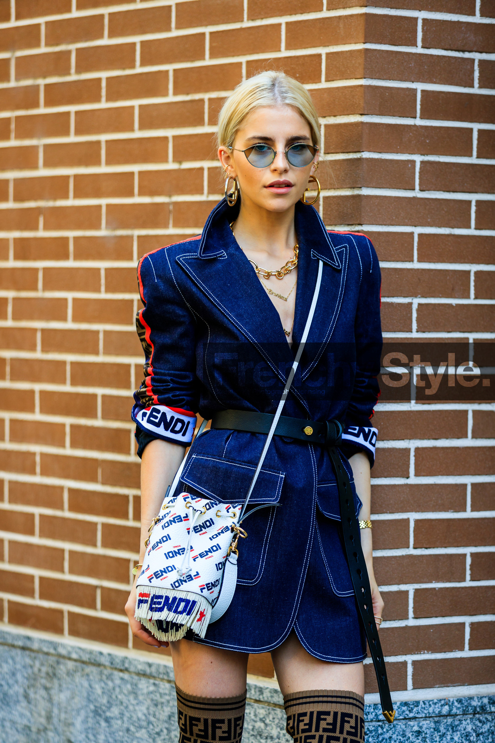 black belt, blue denim, caro daur, denim dress, denim jacket, fendi, fringes, graphic bag, leather bag, leather belt, leather shoes, monogram, necklace, printed bag, sunglasses, white bag, street style, jonathan paciullo, FW, frenchystyle, fashion week, MFW, MILAN, SPRING SUMMER 2019, SS 19, vertical, atmosphere details, detail