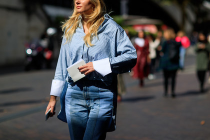 atmosphere details, blue denim, blue shirt, denim pants, detail, fashion week, frenchystyle, FW, geometric, graphic shirt, horizontal, jeans, jonathan paciullo, LFW, LONDON, printed shirt, SPRING SUMMER 2018, SS 18, street style, striped shirt, trousers