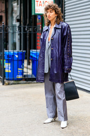 black bag, blue jacket, earrings, grey jacket, grey pants, grey suit, leather bag, leather jacket, leather shoes, trousers, white shoes, frenchystyle, jonathan paciullo, street style, NYFW, NEW YORK, AUTUMN WINTER 2019-2020, AW 19-20, FALL WINTER 2019-2020, FW 19-20, fashion week, FW, vertical, full length