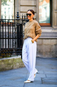 bracelet, camel knit, evangelie smyrniotaki, leather shoes, sunglasses, trousers, white pants, white shoes, fashion week, frenchystyle, FW, jonathan paciullo, street style, LFW, LONDON, SPRING SUMMER 2019, SS 19, vertical, full length