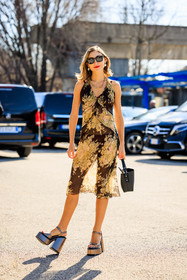 black sunglasses, red lips: pearl earrings, midi dress, printed dress, flowered dress, brown dress, multicolor dress, platform shoes, shiny sandals, black handbag, jenny walton, fashion week, frenchystyle, FW, jonathan paciullo, street style, vertical, full length