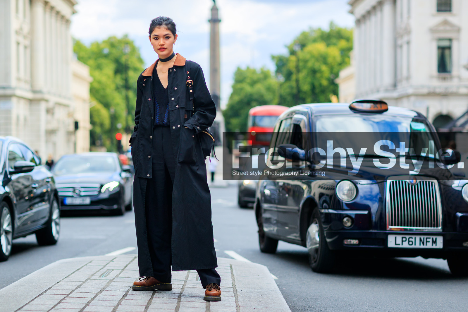atmosphere details, black jacket, black pants, black sweater, blazer, brown boots, choker, dr martens, eyeliner, fashion week, frenchystyle, full length, FW, horizontal, jonathan paciullo, leather shoes, LFW, LONDON, model, necklace, pulled back hair, rina fukushi, SPRING SUMMER 2018, SS 18, street style, trousers