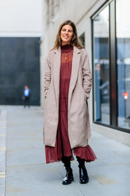 beige coat, black shoes, fashion week, frenchystyle, full length, FW, high boots, jonathan paciullo, leather shoes, LFW, LONDON, red dress, SPRING SUMMER 2018, SS 18, street style, vertical