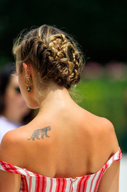 braids, earrings, graphic dress, off the shoulder, printed dress, red dress, striped dress, tattoos, fashion week, frenchystyle, FW, jonathan paciullo, street style, PFW, PARIS, vertical, detail, atmosphere details, AUTUMN WINTER 2018-2019, FALL WINTER 2018-2019, FW 18-19