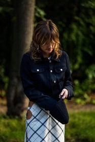 bag, black jacket, check print, checked skirt, cut out, grey skirt, jacket, knit bag, print, printed skirt, skirt, small bag, suede jacket, white skirt, street style, jonathan paciullo, FW, frenchystyle, fashion week, PFW, PARIS, SPRING SUMMER 2022, SS 22, vertical, atmosphere details