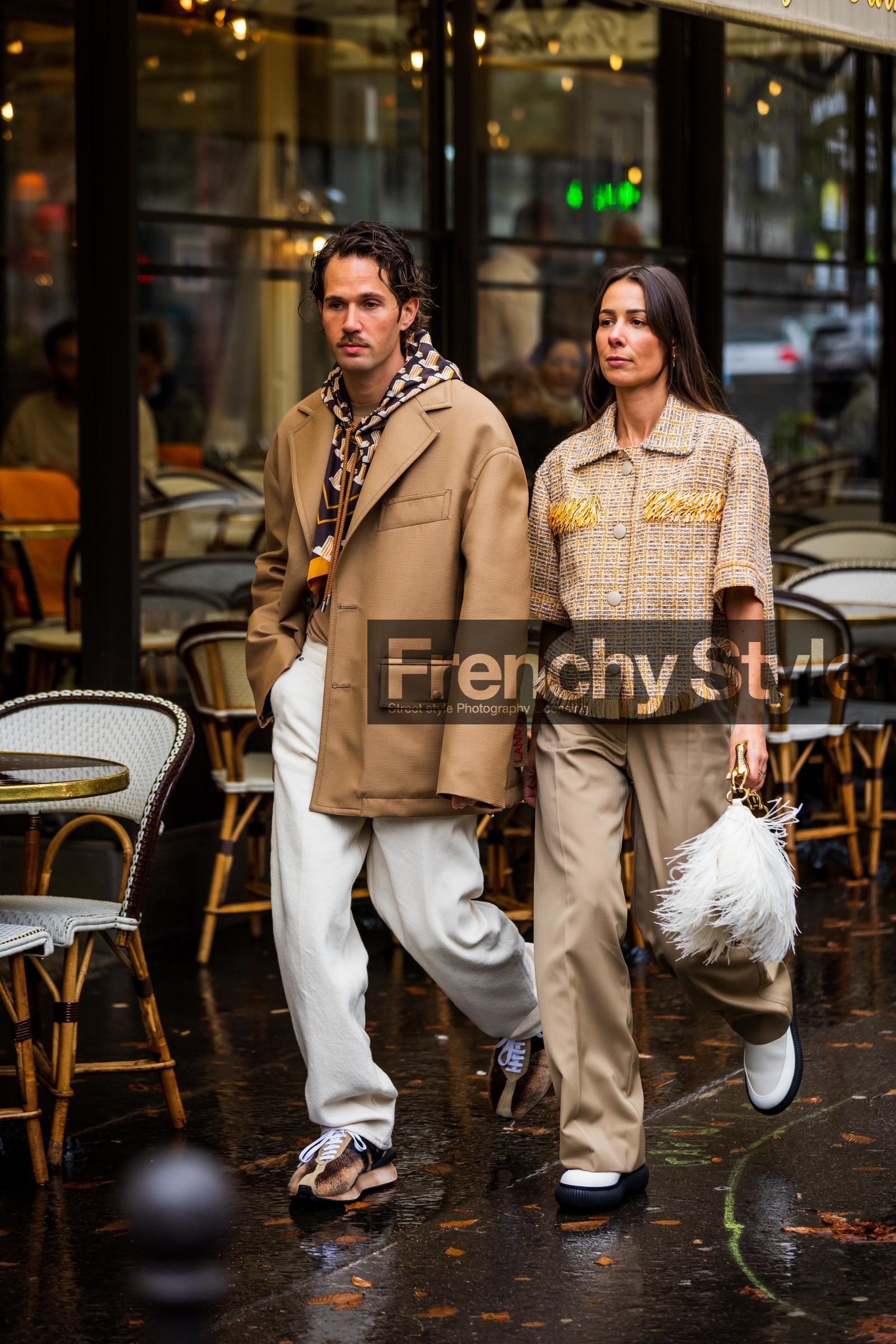 beige blazer, beige sneakers, blazer, brown scarf, denim, Jean Sebastien Roques, lanvin look, large pants, menswear, orange scarf, pants, print, printed scarf, scarf, sneakers, white denim, white pants, fashion week, frenchystyle, FW, jonathan paciullo, street style, PFW, PARIS, SPRING SUMMER 2022, SS 22, vertical, full length