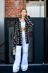 black and white, crop top, denim pants, graphic jacket, graphic sweater, gucci, jeans, leather bag, message, printed jacket, printed sweater, trousers, white bag, white belt, white denim, white top, fashion week, frenchystyle, FW, jonathan paciullo, street style, MFW, MILAN, AUTUMN WINTER 2018-2019, FALL WINTER 2018-2019, FW 18-19, vertical, full length