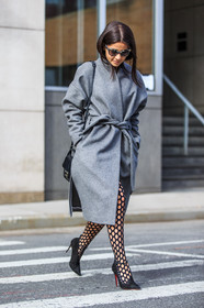 AUTUMN WINTER 2016-2017, AW 16-17, belted coat, black heels, christian louboutin, FALL WINTER 2016-2017, fashion week, fishnet, frenchystyle, full length, FW, FW 16-17, grey coat, high heels, jonathan paciullo, Lainy Hedaya, NEW YORK, NYFW, street style, suede shoes, sunglasses, tights, vertical, woman