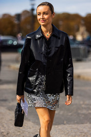black bag, black boots, black jacket, boots, dior look, jacket, lace up boots, leather bag, Nataly Osmann, sequin skirt, silver skirt, skirt, vinyl jacket, street style, jonathan paciullo, FW, frenchystyle, fashion week, PFW, PARIS, SPRING SUMMER 2022, SS 22, vertical, atmosphere details