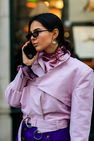 glitter, pink jacket, pink top, pleated skirt, purple skirt, sequined top, shiny top, sunglasses, fashion week, frenchystyle, FW, jonathan paciullo, street style, LFW, LONDON, AUTUMN WINTER 2018-2019, AW 18-19, FALL WINTER 2018-2019, FW 18-19, vertical, atmosphere details, detail, doina ciobanu
