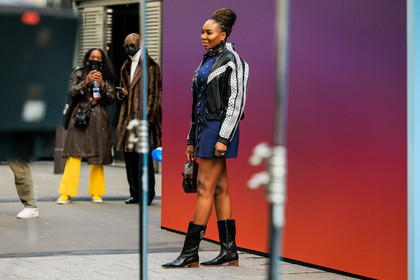 louis vuitton, checkered jacket, leather jacket, biker jacket, black jacket, blue dress, mini dress, buttoned dress, dark blue dress, golden loops, louis vuitton bag, monogram bag, black boots, louis vuitton boots, fashion week, frenchystyle, FW, jonathan paciullo, street style, PFW, PARIS, menswear, FALL WINTER 2022-2023, AUTUMN WINTER 2022-2023, FW 22-23, full length, horizontal