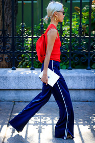 backpack, blue pants, earrings, fashion week, frenchystyle, full length, FW, jonathan paciullo, leather bag, NEW YORK, NYFW, red bag, red knit, SPRING SUMMER 2018, SS 18, street style, sunglasses, trousers, vanessa hong, vertical