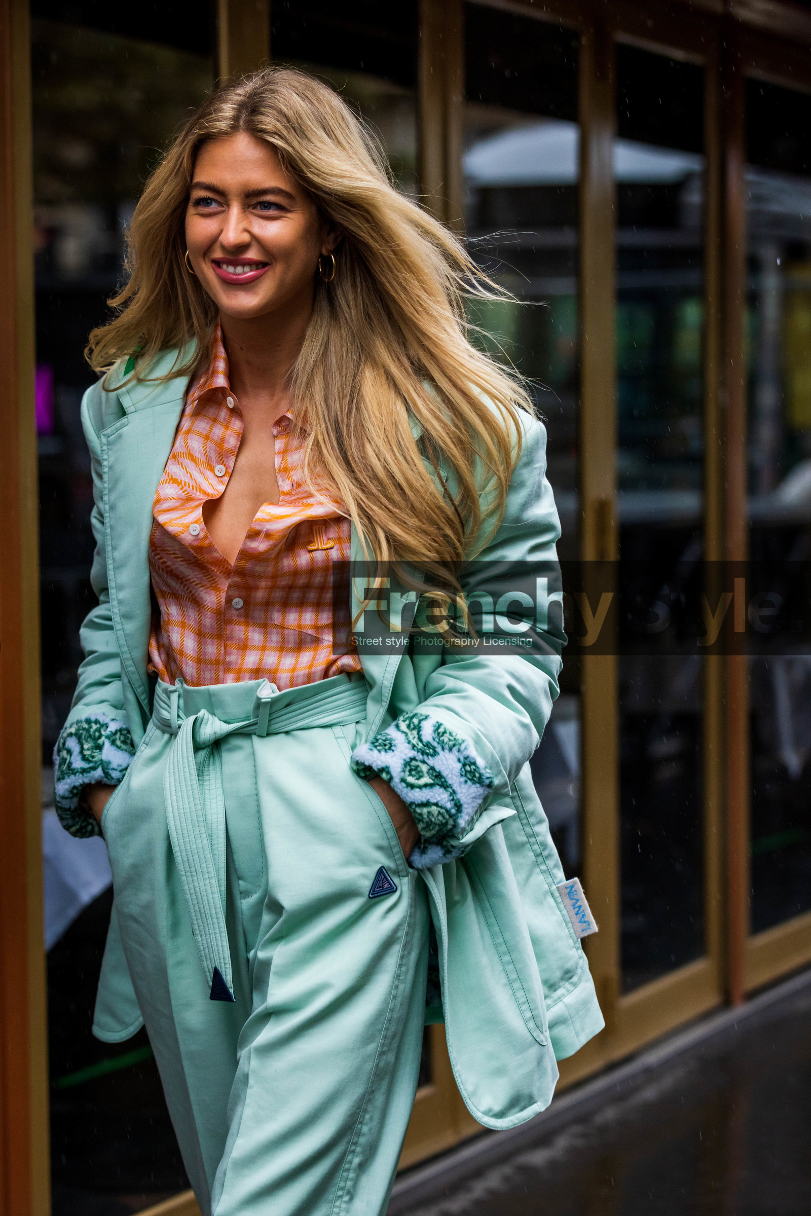 belted pants, blazer, check, checked shirt, color, Emili Sindlev, lanvin look, mint blazer, mint pants, pants, printed shirt, shirt, fashion week, frenchystyle, FW, jonathan paciullo, street style, PFW, PARIS, SPRING SUMMER 2022, SS 22, vertical, atmosphere details