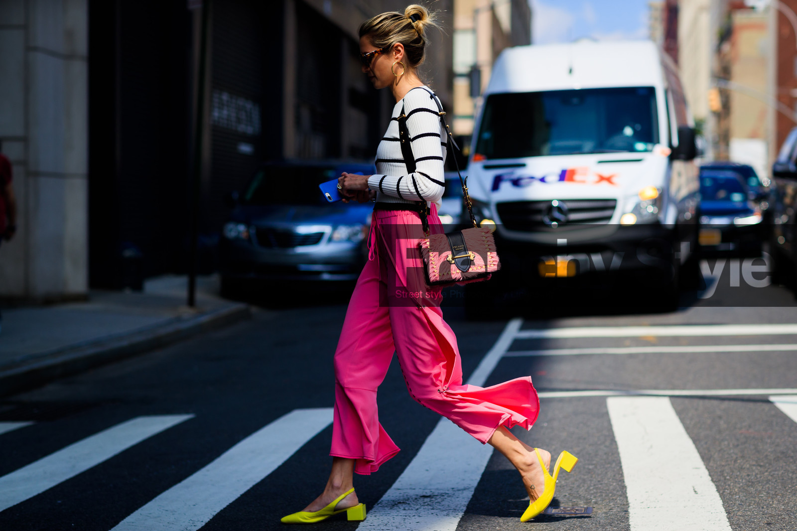 atmosphere details, fashion week, frenchystyle, full length, fur bag, FW, geometric, graphic sweater, helena bordon, high heels, horizontal, iphone, jonathan paciullo, leather bag, leather shoes, NEW YORK, NYFW, pink bag, pink pants, prada, printed sweater, SPRING SUMMER 2018, SS 18, street style, striped top, sunglasses, trousers, white sweater, yellow shoes