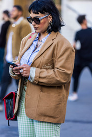 black sunglasses, blazer, blue shirt, brown blazer, checked pants, checked print, earrings, gold belt, green pants, oversize sunglasses, print, printed pants, printed shirt, smartphone, striped shirt, stripes, sunglasses, vintage blazer, white lines, fashion week, frenchystyle, FW, jonathan paciullo, street style, PFW, PARIS, SPRING SUMMER 2022, SS 22, vertical, atmosphere details