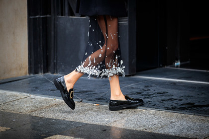 camille charriere, miu miu skirt, black leather loafers, black skirt, golden buckle shoes, roger vivier shoes, sheer skirt, long skirt, tulle skirt, strassed skirt, embroidered skirt, close up detail, shoes detail, sequins skirt, PARIS, PFW, fashion week, frenchystyle, FW, jonathan paciullo, street style, SPRING SUMMER 2021, SS 21, horizontal, atmosphere details, detail