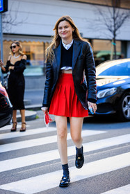 pleated skirt, school girl skirt, red skirt, mini skirt, leather jacket, black jacket, cropped top, black socks, leather derbies, black derbies, black top, black cropped top, knitted top, white shirt, eugenie trochu, fashion week, frenchystyle, FW, jonathan paciullo, street style, vertical, full length