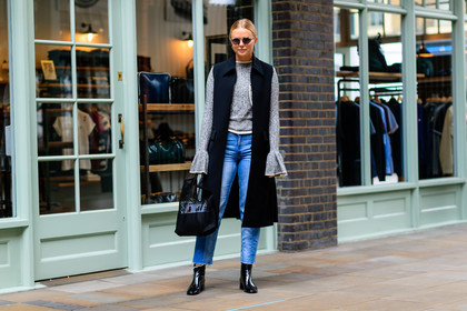 atmosphere details, beige sweater, black bag, black jacket, blue denim, denim pants, fashion week, fishnet, frenchystyle, full length, FW, high heels, horizontal, jeans, jonathan paciullo, leather bag, leather boots, leather shoes, LFW, LONDON, sleeveless, SPRING SUMMER 2017, SS 17, street style, sunglasses, trousers, varnished leather, varnished leather shoes, woman