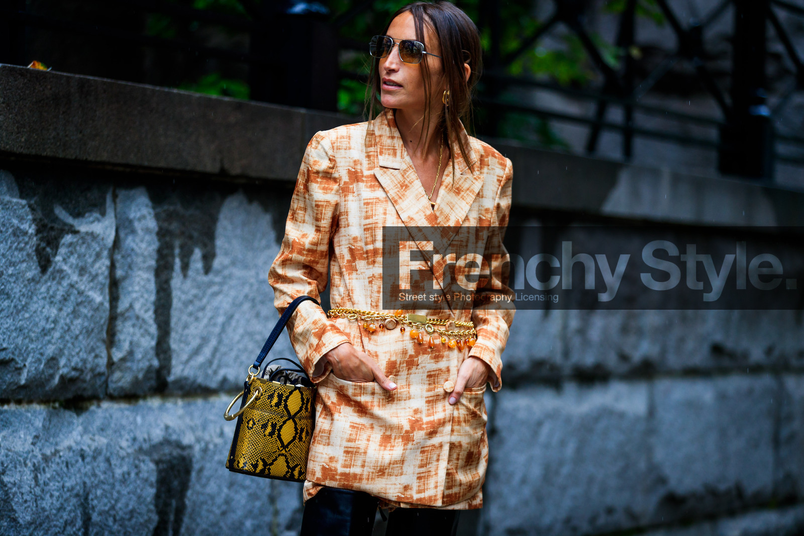animal print, beige jacket, black boots, blazer, brown jacket, camel jacket, chloe loulou de saison, chloé, graphic bag, graphic jacket, high boots, leather bag, metallic belt, printed bag, printed jacket, snake print, sunglasses, yellow bag, street style, jonathan paciullo, FW, frenchystyle, fashion week, NYFW, NEW YORK, SPRING SUMMER 2019, SS 19, atmosphere details, horizontal, detail