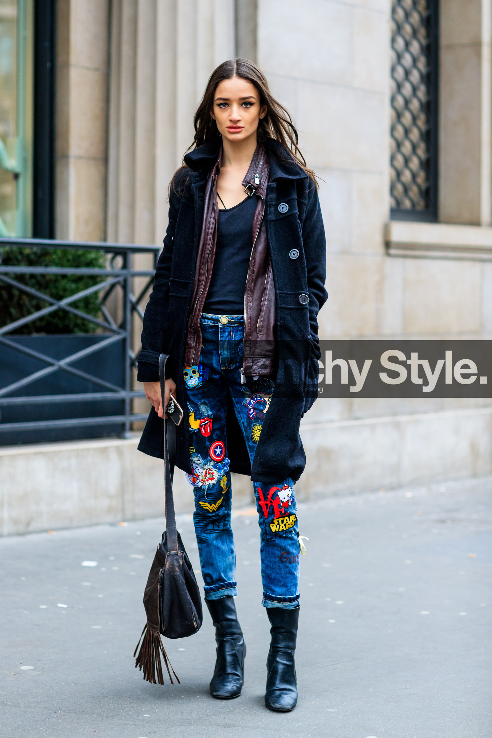 black boots, black coat, black shoes, blue denim, brown bag, brown jacket, cartoon, denim pants, drawings, embroidered jeans, jeans, leather bag, leather jacket, leather shoes, patchwork, trousers, fashion week, frenchystyle, FW, jonathan paciullo, street style, PFW, PARIS, SPRING SUMMER 2017, SS 17, HAUTE COUTURE, vertical, full length, model