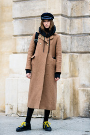 black cap, black shoes, black sweater, brown jacket, camel coat, hoodie, leather shoes, fashion week, frenchystyle, FW, jonathan paciullo, street style, PFW, PARIS, SPRING SUMMER 2017, SS 17, HAUTE COUTURE, vertical, full length, liza ostanina, model