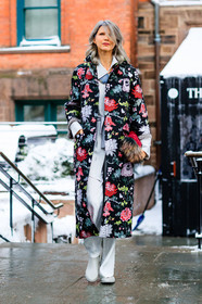 AUTUMN WINTER 2017-2018, AW 17-18, black coat, dyed hair, FALL WINTER 2017-2018, fashion week, floral, flower, frenchystyle, full length, fur bag, FW, FW 17-18, grey hair, jonathan paciullo, leather boots, necklace, NEW YORK, NYFW, printed coat, Samantha Angelo, street style, trousers, vertical, white boots, white pants, white shirt