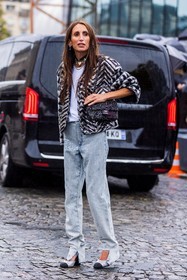 bag, bicolor heels, black bag, black jacket, chanel earrings, chanel logo, Chloé Harrouche, choker, denim, grey heels, heels, jacket, jeans, ligh jeans, sequins, sequins bag, silver heels, silver jacket, statement, statement jacket, white t-shirt, fashion week, frenchystyle, FW, jonathan paciullo, street style, PFW, PARIS, SPRING SUMMER 2022, SS 22, vertical, full length