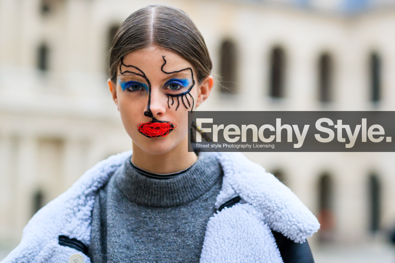 black jacket, drawings, eyelashes, eyeliner, eyeshadow, grey sweater, leather jacket, red lips, shearling, white fur, fashion week, frenchystyle, FW, jonathan paciullo, street style, PFW, PARIS, SPRING SUMMER 2017, SS 17, HAUTE COUTURE, atmosphere details, detail, horizontal, portrait, model