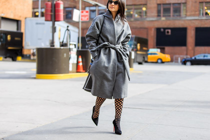 atmosphere details, AUTUMN WINTER 2016-2017, AW 16-17, belted coat, black heels, christian louboutin, detail, FALL WINTER 2016-2017, fashion week, fishnet, frenchystyle, FW, FW 16-17, grey coat, high heels, horizontal, jonathan paciullo, Lainy Hedaya, NEW YORK, NYFW, street style, suede shoes, sunglasses, tights, woman