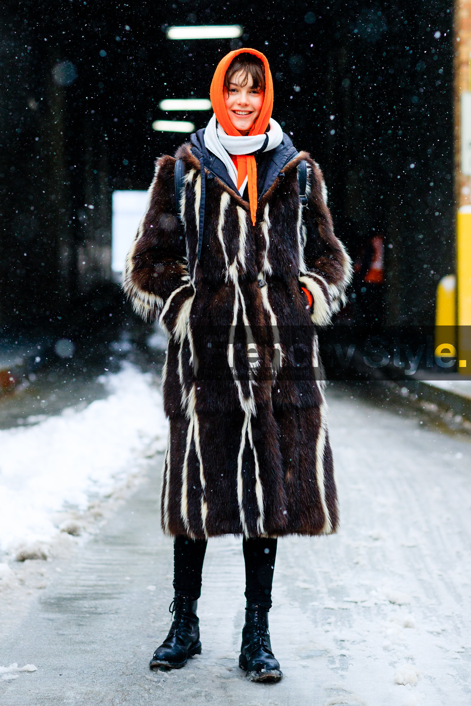 AUTUMN WINTER 2017-2018, AW 17-18, backpack, black boots, brown coat, brown fur, FALL WINTER 2017-2018, fashion week, fendi, frenchystyle, full length, Fur coat, FW, FW 17-18, hoodie, jonathan paciullo, leather boots, model, NEW YORK, NYFW, orange sweater, street style, vertical, white scarf
