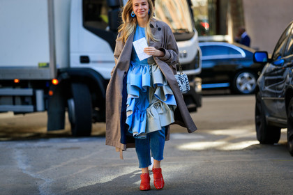 black and white bag, blue denim, blue dress, brown coat, checked, chloe king, denim pants, jeans, leather bag, leather shoes, plaid, red shoes, ruffles, trousers, fashion week, frenchystyle, FW, jonathan paciullo, street style, PFW, PARIS, AUTUMN WINTER 2019-2020, AW 19-20, FALL WINTER 2019-2020, FW 19-20, horizontal, atmosphere details, detail